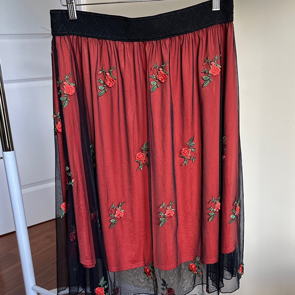 LuLaRoe Red and Black Floral A-Line Skirt